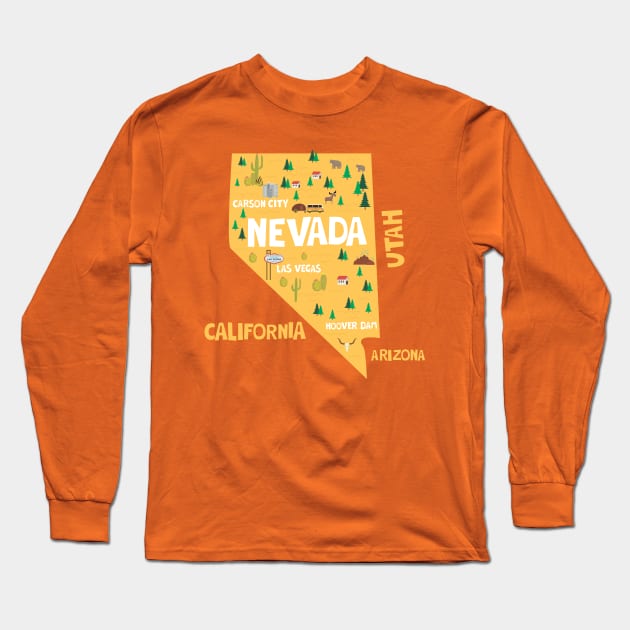 Nevada State USA Illustrated Map Long Sleeve T-Shirt by JunkyDotCom